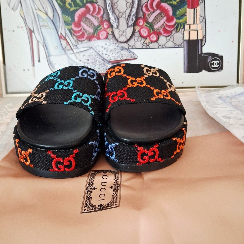 Gucci Angelina Multicolor Embroidered Platform Sandals Size EU44/11 - Picture 12 of 12